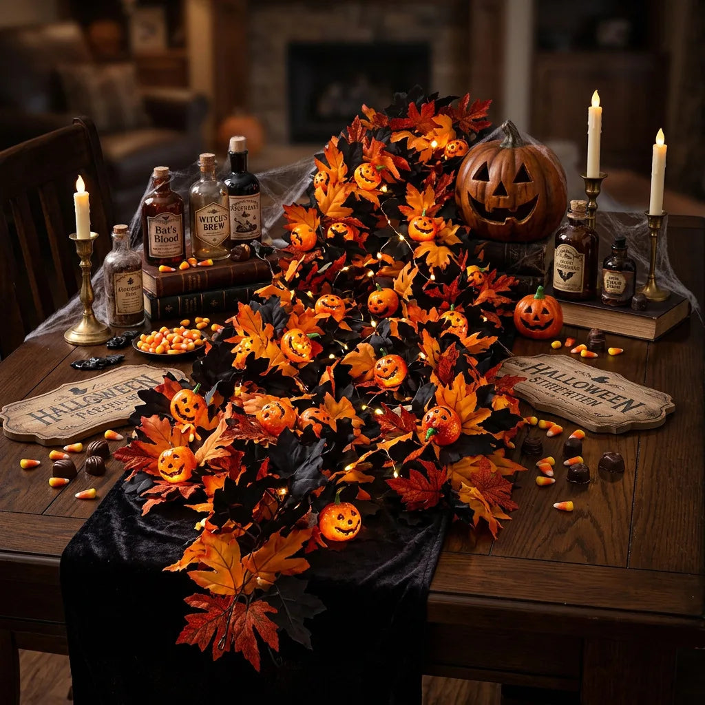 Abóbora Artificial de Halloween, Vermelha e Preta, Folhas de Bordo de Outono, Guirlanda Falsa, Decoração de Lareira para Casa, Natal, Ação de Graças e Festas de Outono