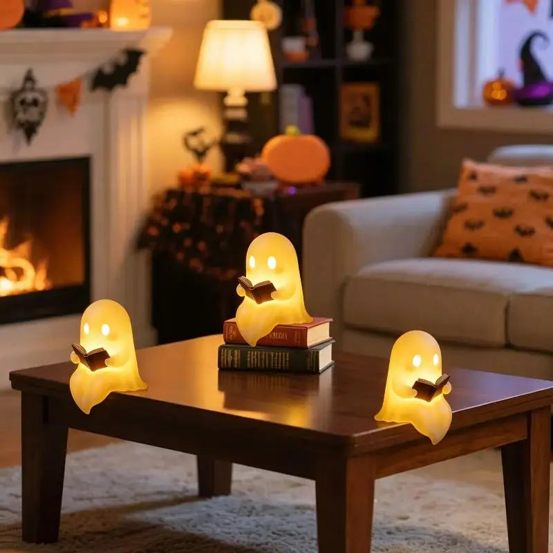 Luminária de Mesa em Formato de Fantasma Fofo Leitor de Livro, Decoração para Festa de Halloween, Enfeite para Quarto, Presente Infantil