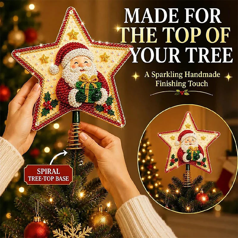 Enfeite de Árvore de Natal com Pintura de Diamantes, Topo de Árvore em Forma de Estrela, Papai Noel DIY, Pintura com Pérolas e Gemas, Base Espiral, Decoração para o Topo da Árvore de Natal