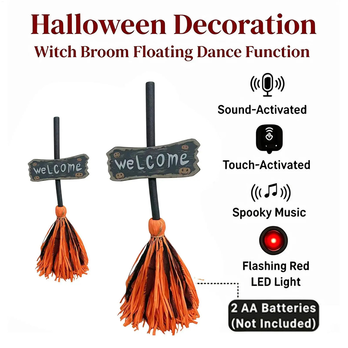 Vassoura de Bruxa Animada para Decoração de Halloween com Sensor de Movimento, Iluminação e Efeito Flutuante, Adereço Assustador e Dançante para Casa Assombrada