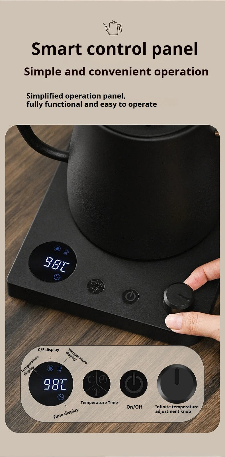 Chaleira Elétrica Gooseneck 1L: Controle Inteligente de Temperatura para Café Coado, Aquecimento Rápido em Aço Inoxidável, 110V e 220V