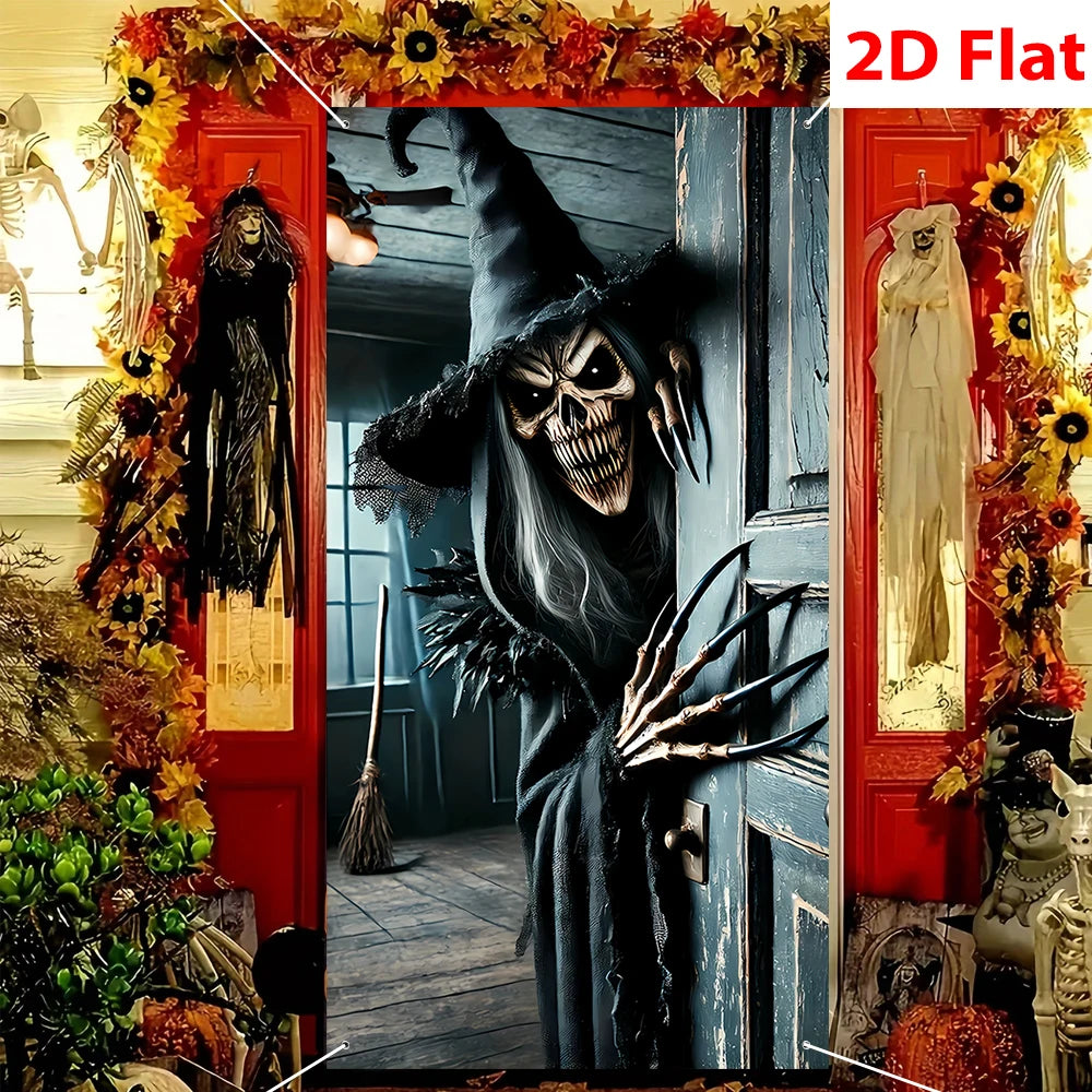 Decoração Assustadora de Halloween: Esqueleto e Bruxa para Porta, Casa Assombrada, Varanda, Garagem, Cenário de Festa de Terror e Fundo para Fotos