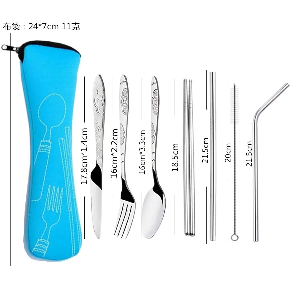 7 pçs/set conjunto de talheres de aço inoxidável ao ar livre portátil saco pano faca garfo colher pauzinhos palha flores ricas sete conjuntos