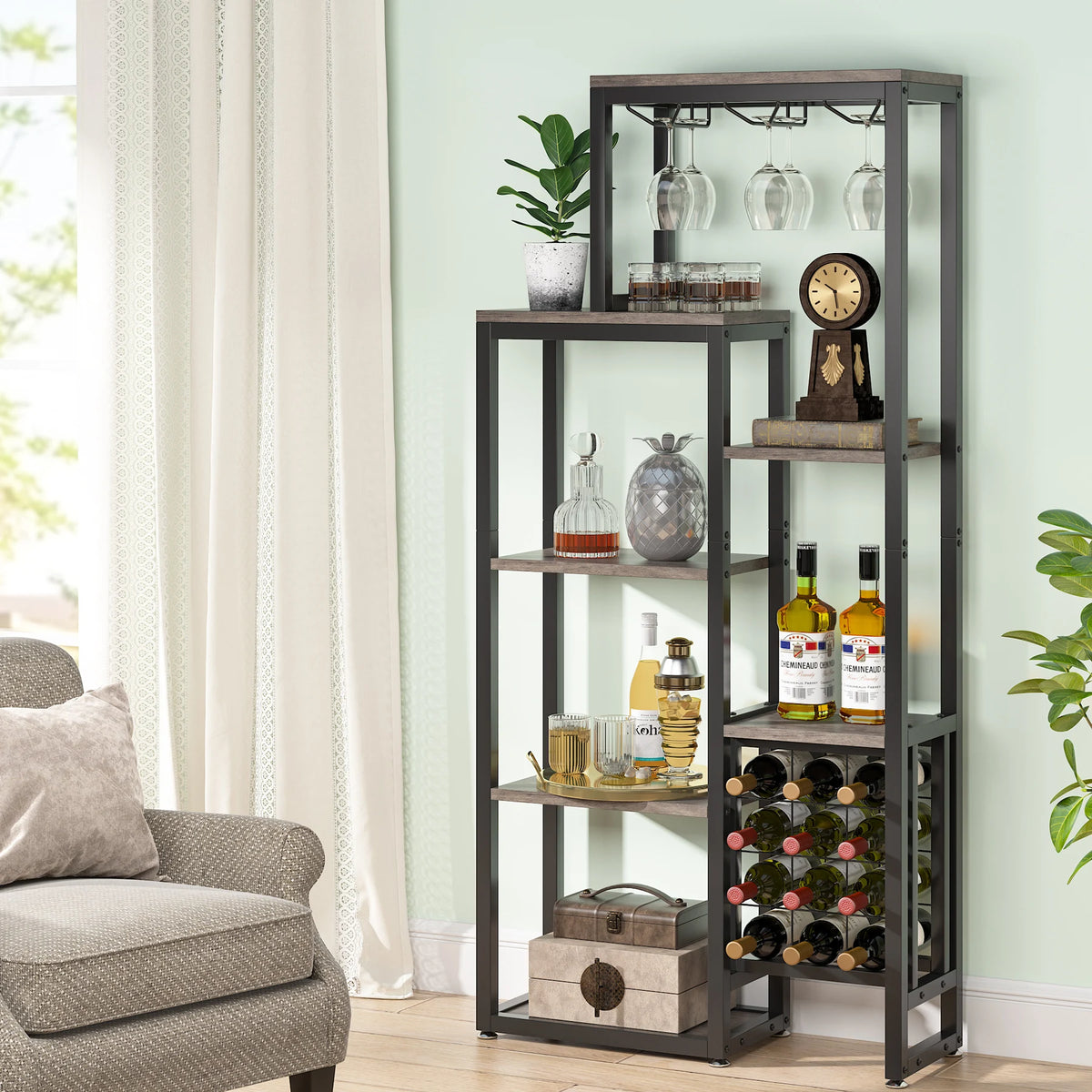 Cremalheira autônoma do vinho do assoalho das tribos com suporte de vidro e armazenamento do vinho, prateleira de exposição industrial do vinho, padeiro Rack, 5-Tier