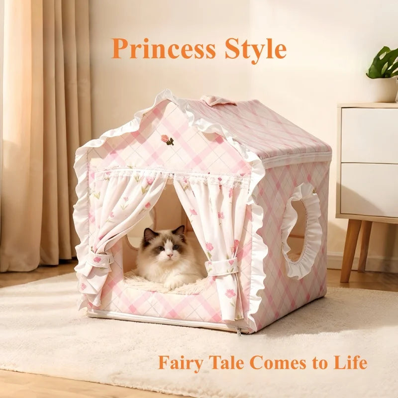 Casa para Gatos Floral Fofa com Tenda, Cama Semi-Fechada Removível e Lavável para Gatos/Cães