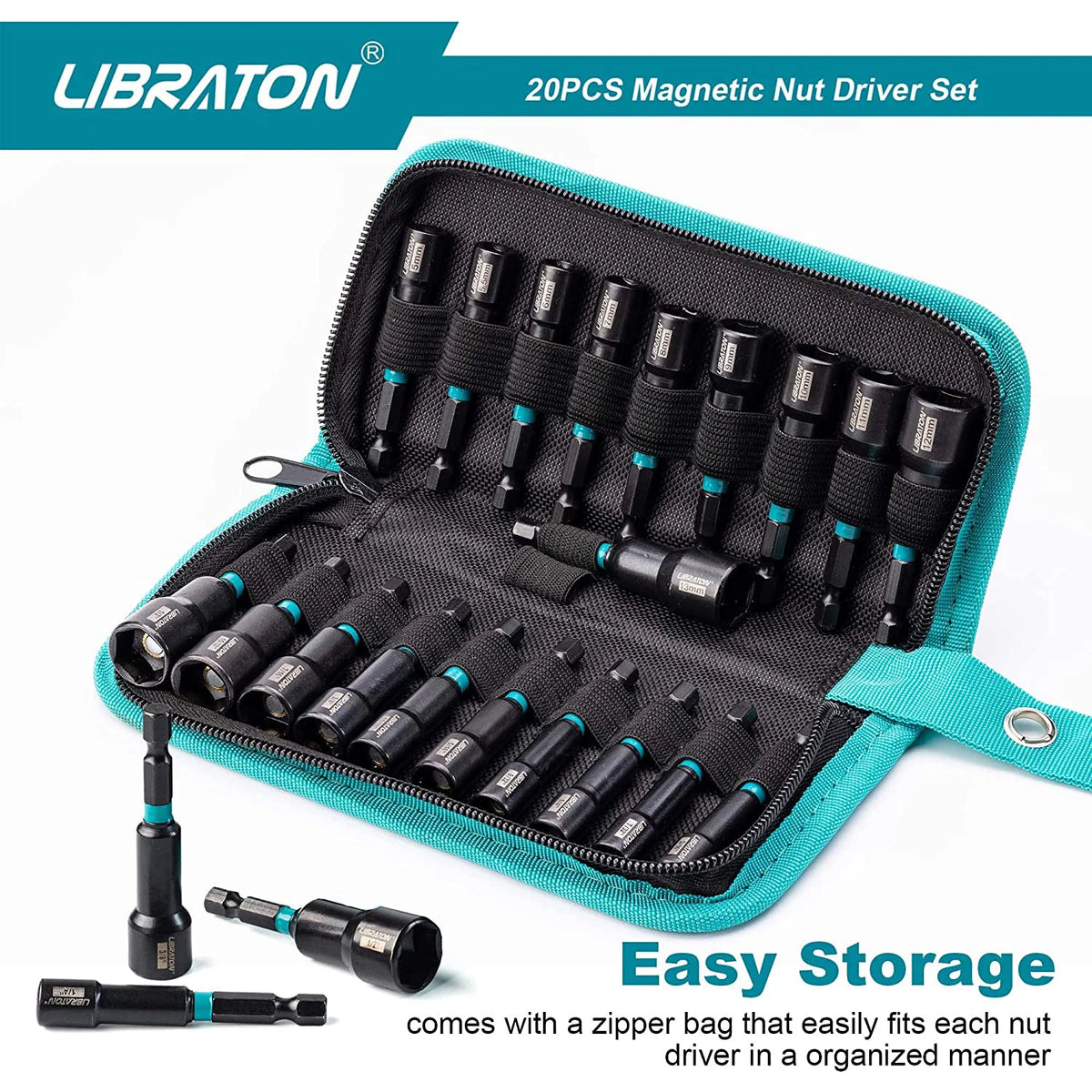 LIBRATON Conjunto de 20 Chaves de Porca Magnéticas, Conjunto de Pontas de Chave de Impacto para Furadeira 1/4" Chaves de Porca Métricas e SAE com Bolsa de Armazenamento