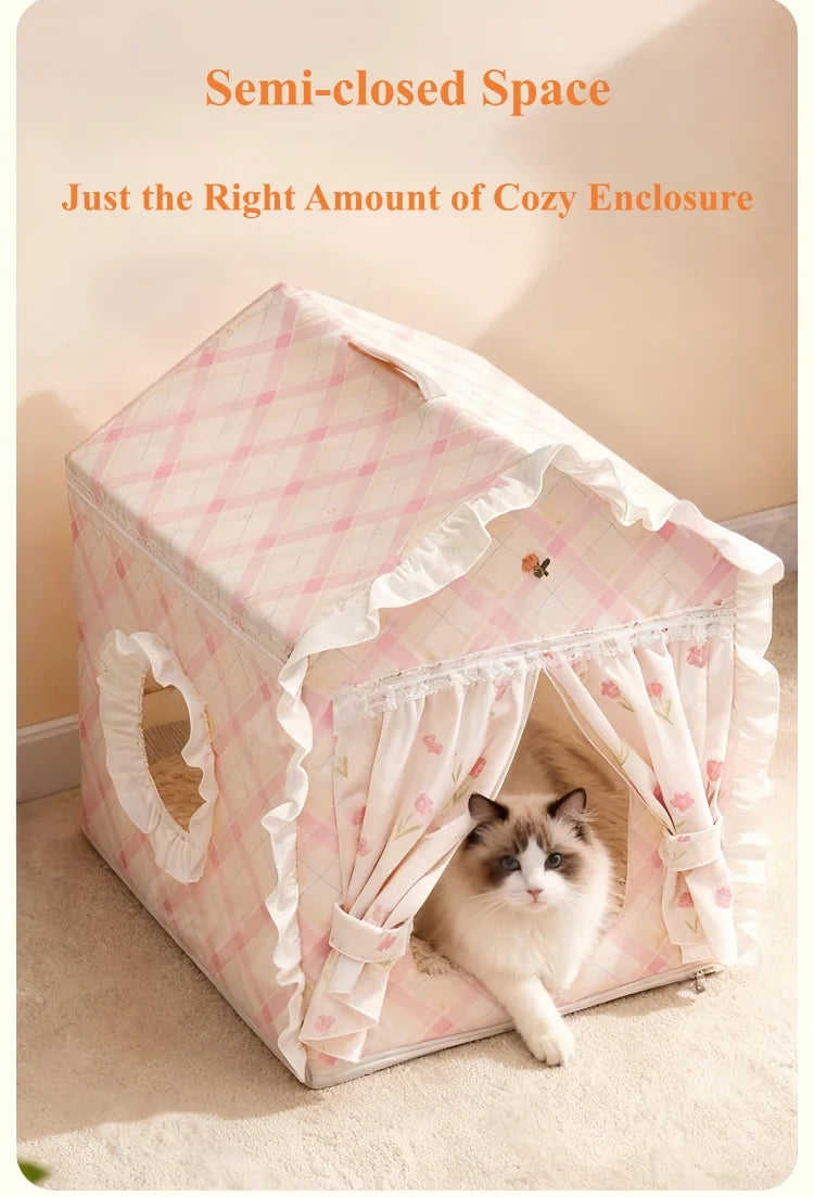 Casa para Gatos Floral Fofa com Tenda, Cama Semi-Fechada Removível e Lavável para Gatos/Cães