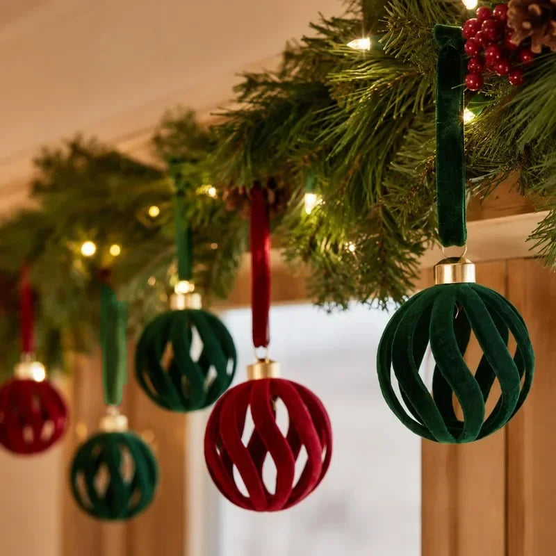 Bolas de Natal de veludo, 6 cm, vermelhas e verdes, com acabamento aveludado, enfeites para árvore de Natal.