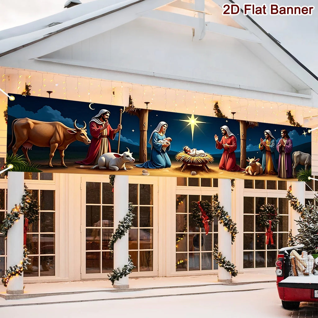 Banner de Cena de Natividade de Natal 200*40cm, Fundo de Poliéster para Decoração de Festa em Casa, Interior e Exterior, Decorações de Natal 2026