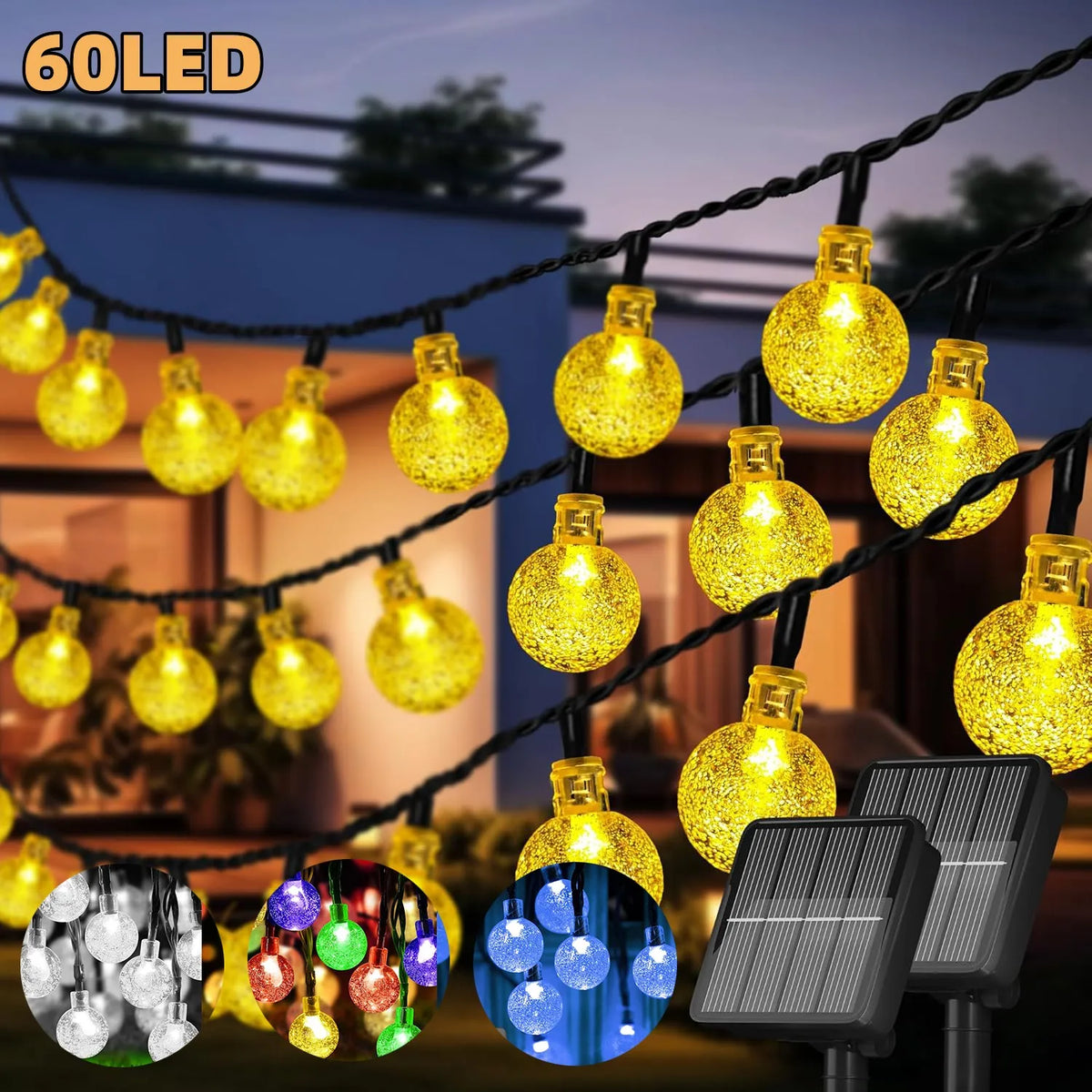 Corda solar globo de cristal luzes 60 led 8 modos de iluminação ip65 luz de fadas guirlanda de natal para decoração de festa de jardim 1 peça/2 peças