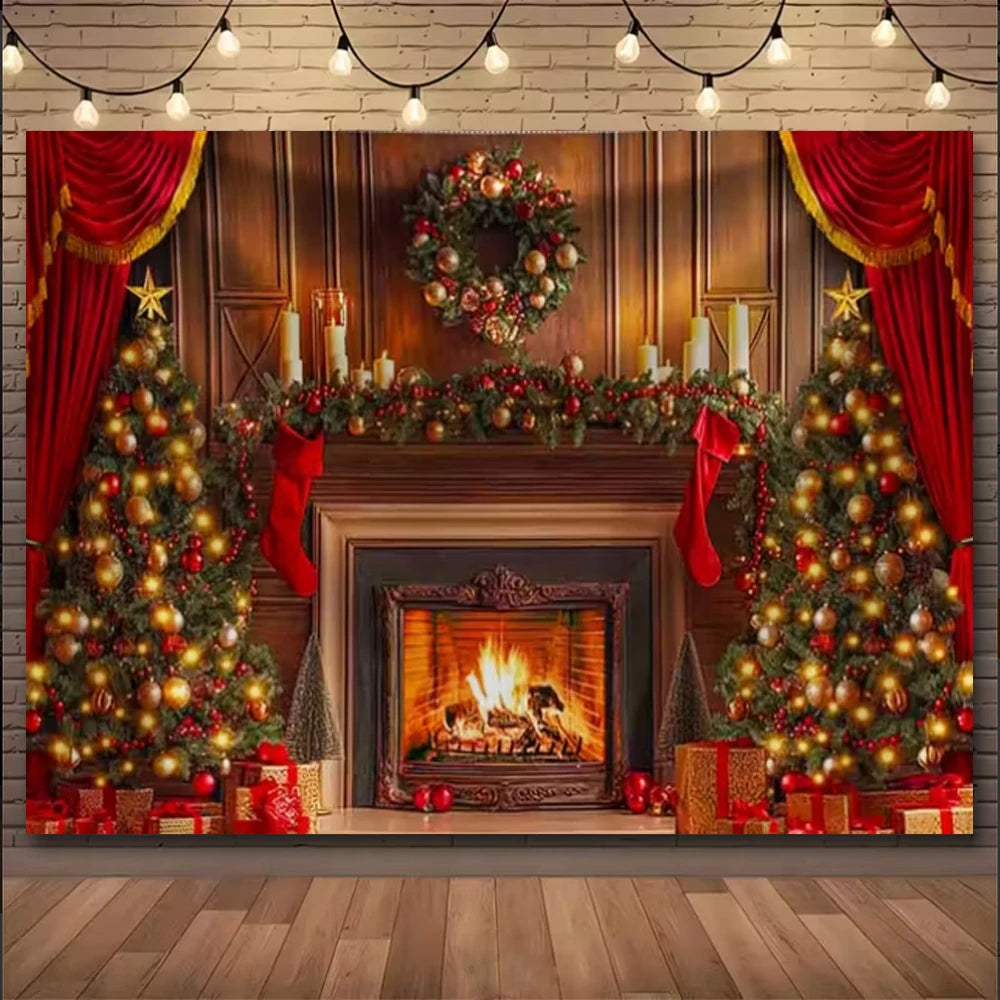Natal inverno fundo vintage lareira festa decoração crianças photo studio suprimentos árvore de natal lanternas cenário nevado