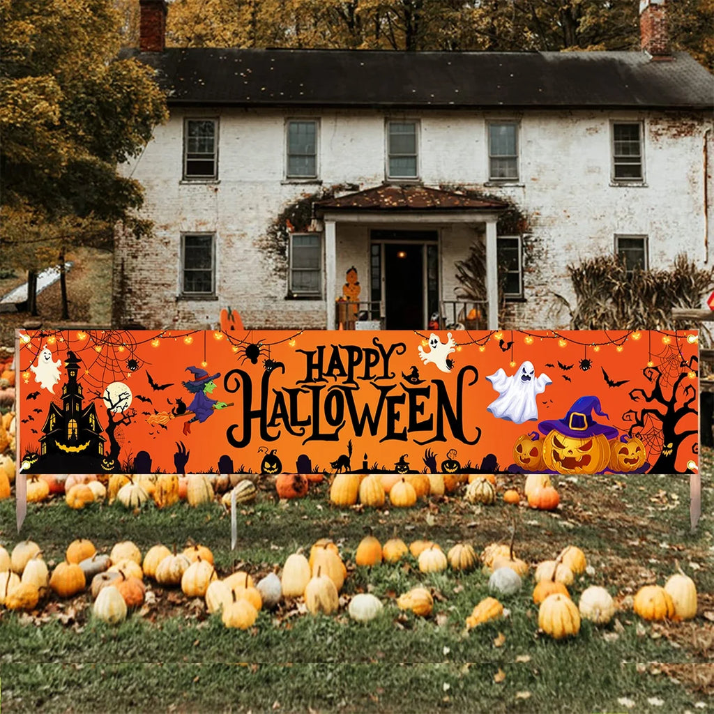 Feliz dia das bruxas banner halloween abóbora festa sinais tema assustador banner decorações cerca quintal varanda sinal ao ar livre decoração de terror