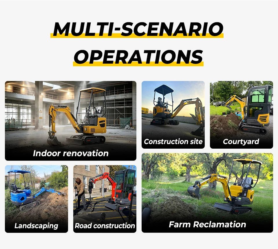 Mini Escavadeira de Cabine Fechada de 2 Toneladas, Escavadeira Hidráulica de Esteiras CE Euro5 com Acessórios para Agricultura, Jardinagem e Paisagismo