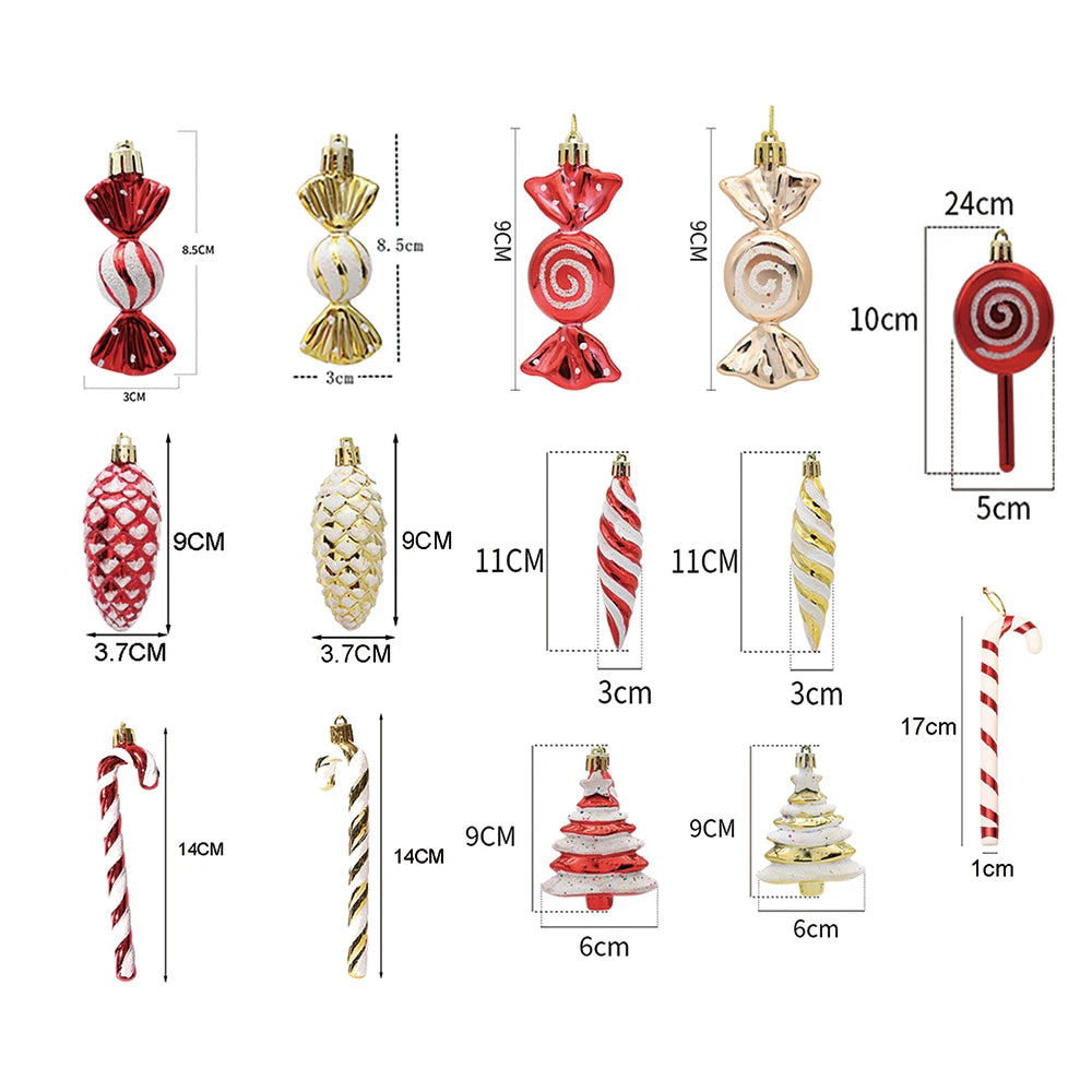 Decorações de doces para árvore de natal, bastão de doces vermelho e dourado, pinhas, decoração de casa de natal 2025, enfeite de árvore de natal