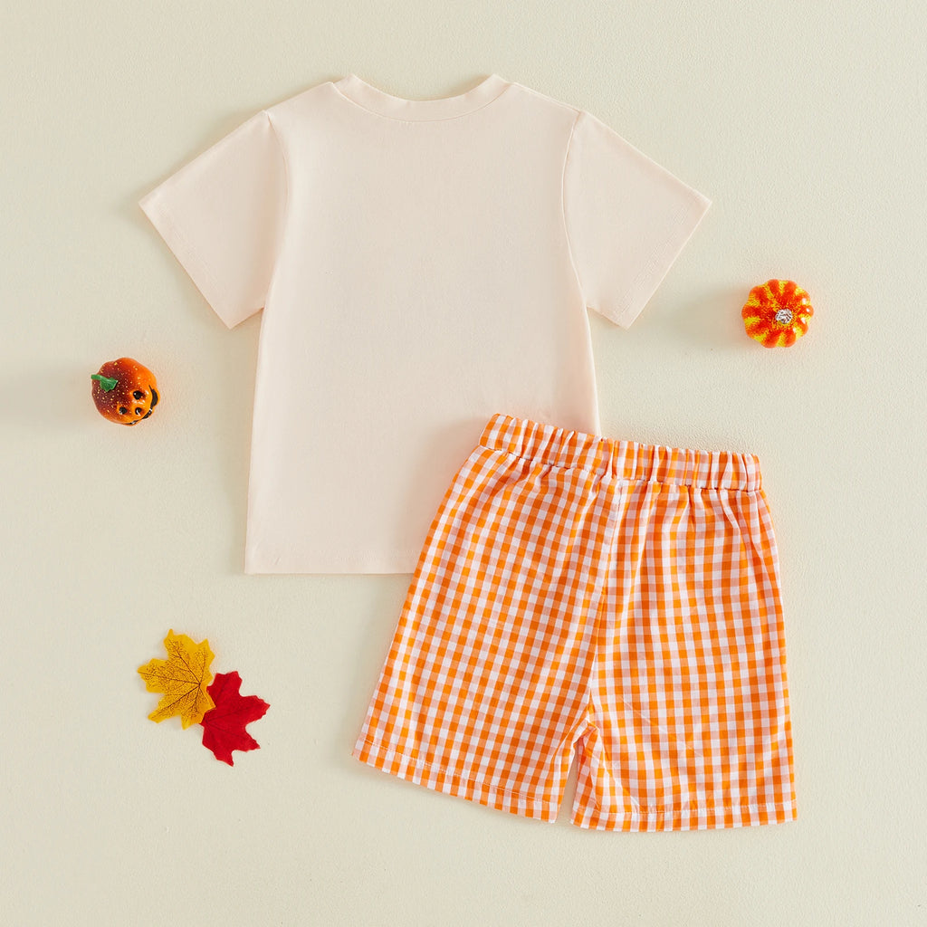 Citgeett Conjunto de roupas infantis de verão para Halloween, para bebês meninos, manga curta, bordado de abóbora, shorts xadrez