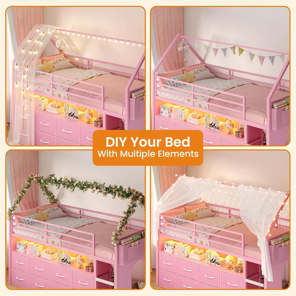 Cama Loft de Tamanho Twin para Crianças, com 8 Gavetas de Armazenamento e Luzes LED, Cama de Metal em Forma de Casa com Estante, Escada de Espuma Macia, 13.4
