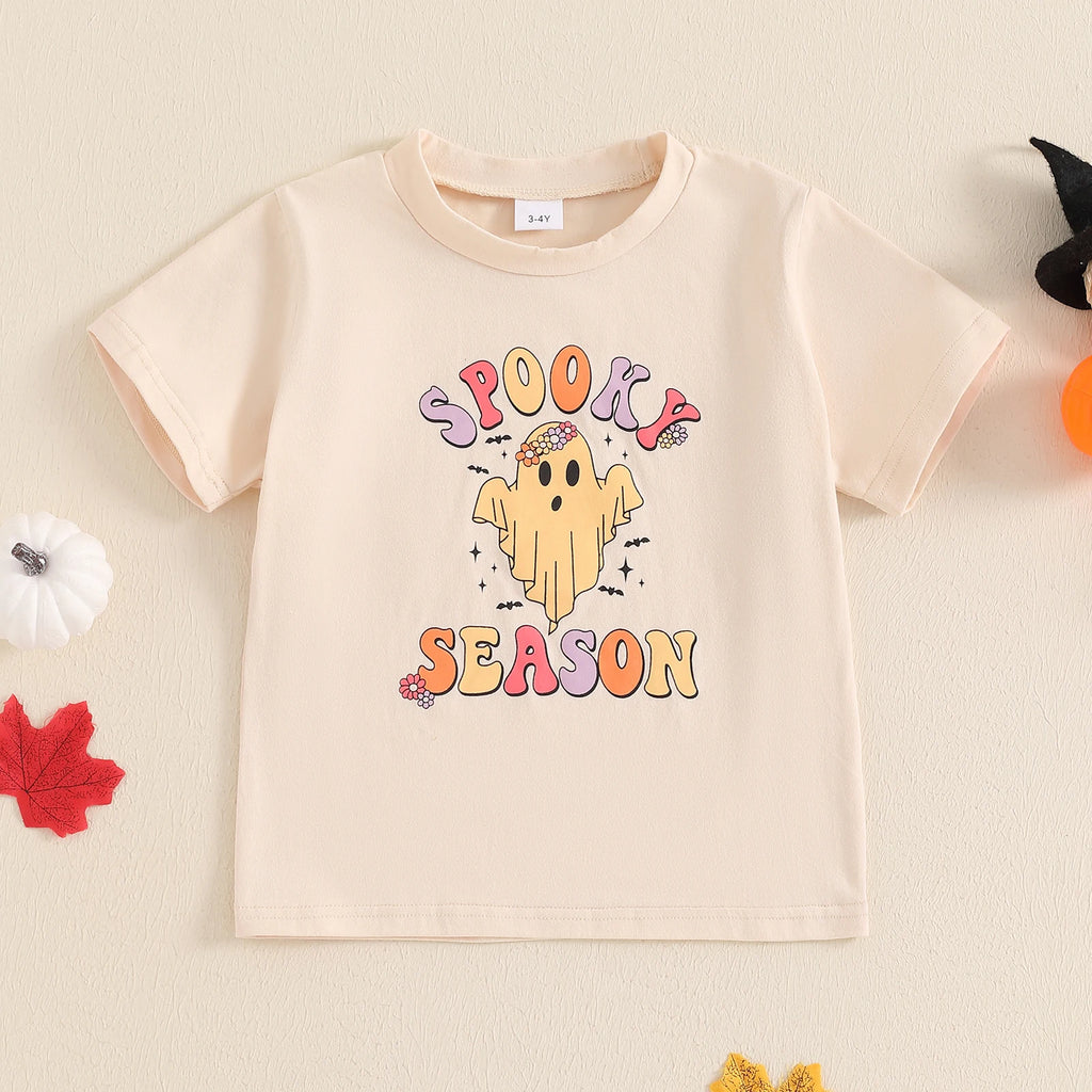 FOCUSNORM-camiseta de Halloween com estampa de esqueleto fantasma para crianças, tops de manga curta para crianças, gola redonda, roupas para meninos e meninas, 2 a 7 anos