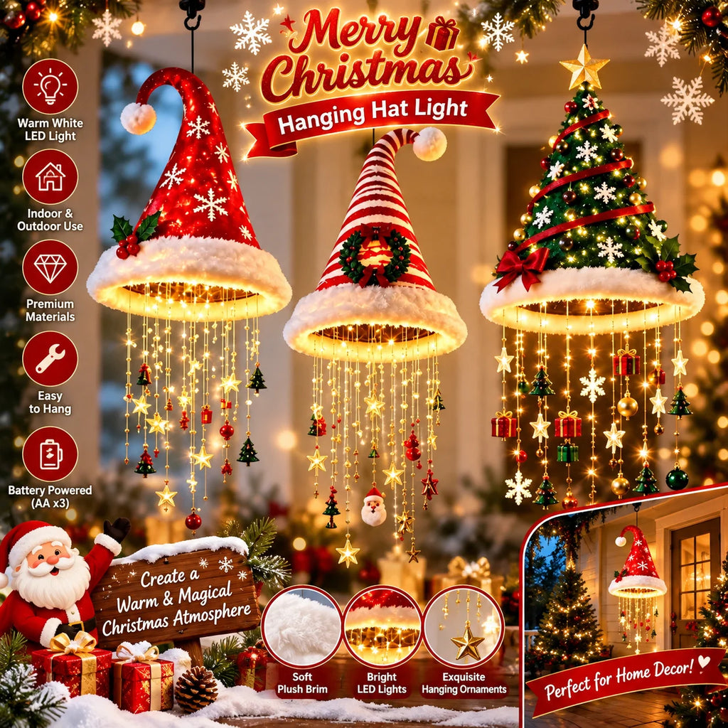 Decoração de Natal: Chapéu de Papai Noel para Pendurar, Luz de Teto com Tema de Papai Noel, Ornamento de Árvore com Estrela e Sino, Decoração para Festas e Eventos Natalinos em Casa