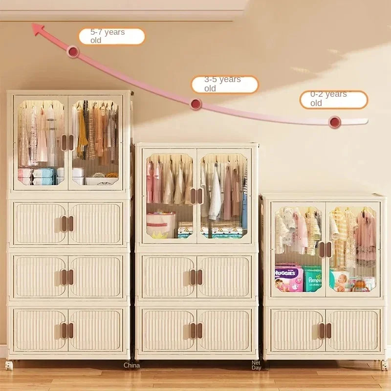 -Armário de armazenamento dobrável multicamadas com rodas, porta dupla, guarda-roupa, transparente, grande capacidade, organizador, prateleira
