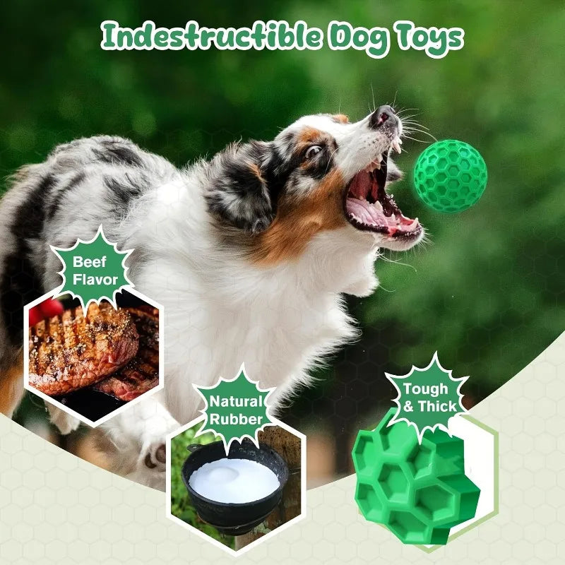 Brinquedo de Borracha Natural Resistente para Cães, Bola Indestrutível com Som para Mastigadores Agressivos, Sabor Carne, Design Hexagonal, Saúde Dental