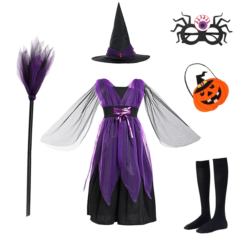 Fantasia de bruxa de Halloween para meninas, vestidos de vampiro para crianças, roupas de festa de carnaval, roupas para crianças