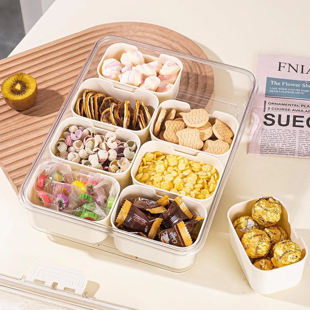 Caixa Organizadora de Lanches com 4/8 Divisórias, Tábua de Charcutaria Portátil para Viagem com Tampa, Caixa de Armazenamento de Alimentos para Geladeira, Organizador de Lanches