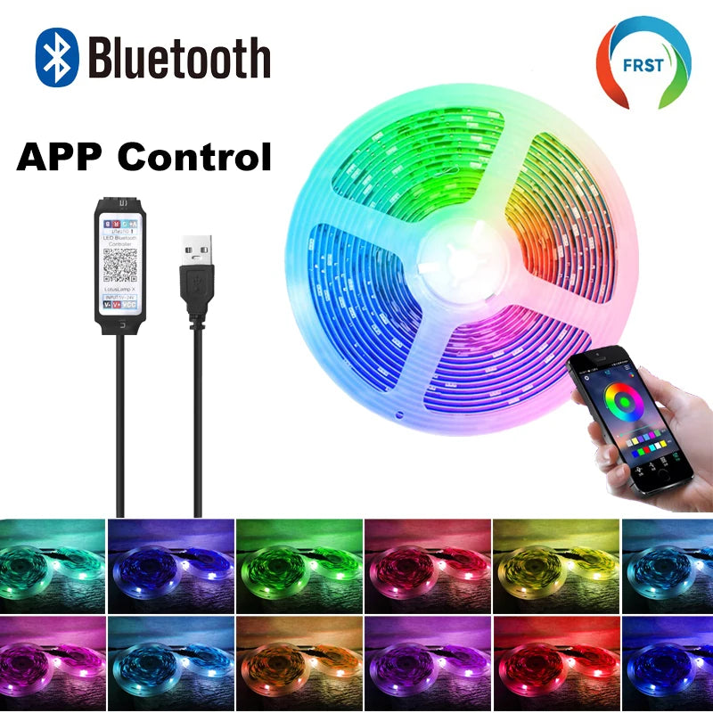 Fita LED RGB 5050 Colorida com Bluetooth para Decoração de Ambientes, 10m 15m 20m 30m, Iluminação LED Neon para PC e TV, Fita LED