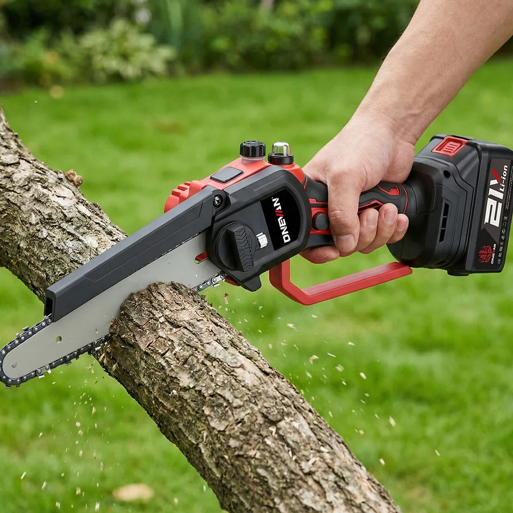Onevan 8 Polegada serra de corrente sem escova sem fio poda serra elétrica carpintaria ferramenta corte para makita 18v bateria pino