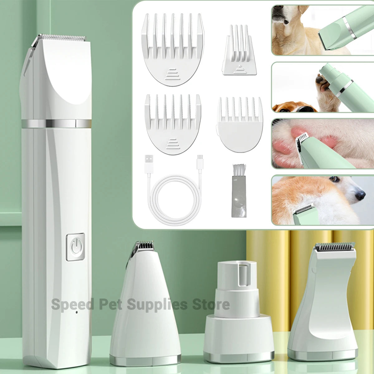 Conjunto 4 em 1 para tosa e cuidados com animais de estimação, 4 lâminas diferentes, barbeador de pelos de animais de estimação, baixo ruído, recarregável, sem fio, seguro, aparador de cães