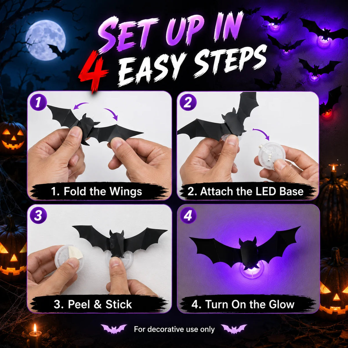 Decorações Assustadoras de Halloween: Luzes LED 3D de Morcego |   Adesivos de Parede Flexíveis, Decoração Luminosa Alimentada por Energia |   Decoração de Festa, Janela