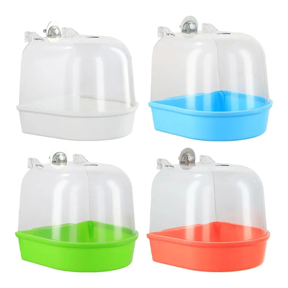 Banho de pássaros para limpeza de gaiola, suprimentos para animais de estimação, calopsita, banheira de pássaros com ganchos pendurados, acrílico transparente, cubo de banho de pássaros