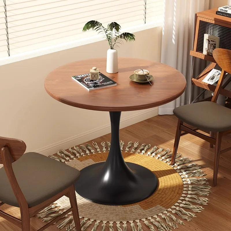 Mesa redonda, mesa de jantar de madeira para uso doméstico, mesa lateral, mesa de café para negociações, mesa redonda para café, base de metal em aço carbono