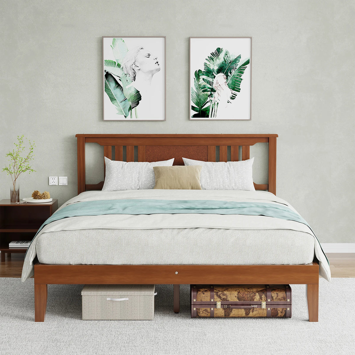 Cama de Plataforma MCQ com Estrutura de Madeira e Cabeceira, Suporte Robusto de Ripas de Madeira Maciça, Suporta até 800 lbs, Não Necessita de Box Spring, Montagem Fácil, Sem Ruído, Ideal para Móveis de Quarto
