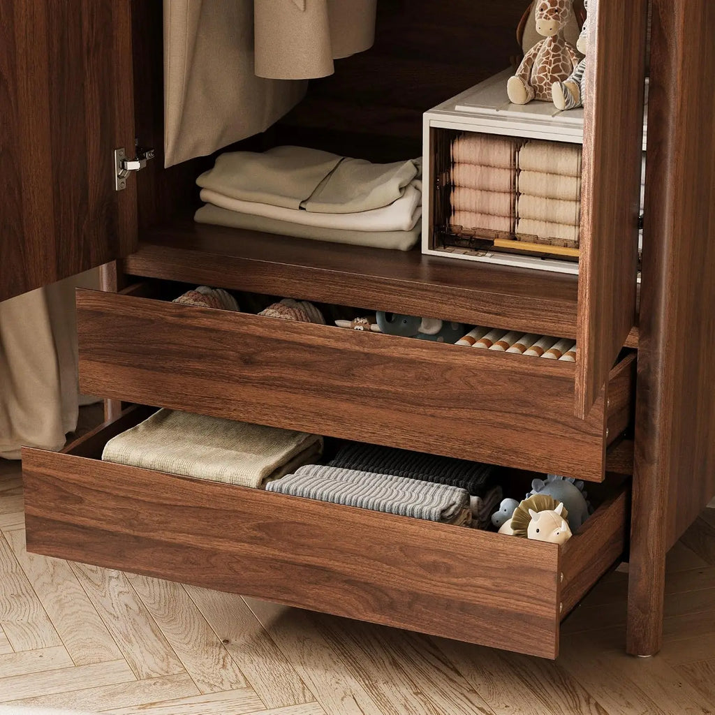 Guarda-Roupa Moderno de Nogueira com 2 Portas e 2 Gavetas, 180 cm de Altura, Armário de Quarto com Puxadores Ocultos, Armazenamento de Madeira Independente