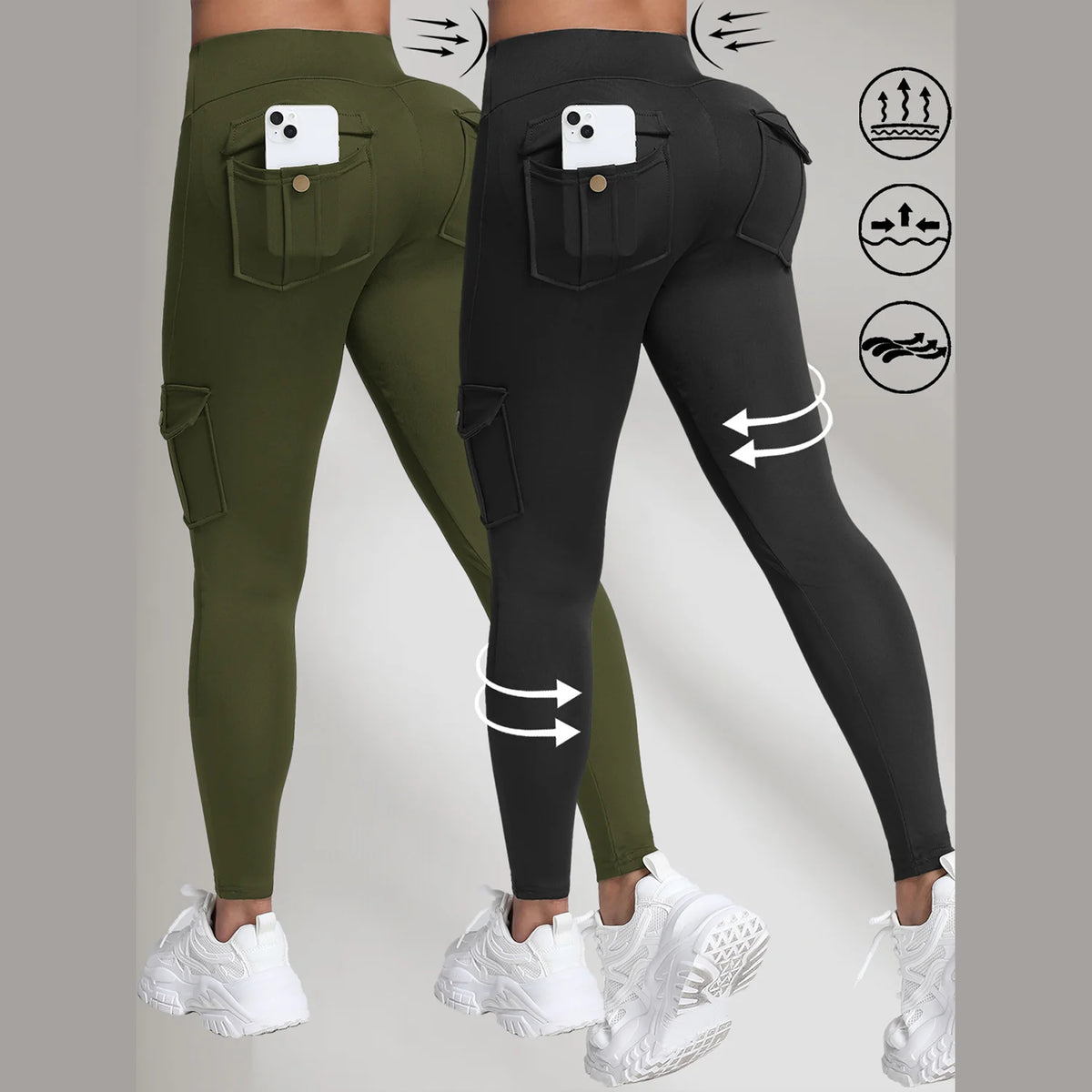 2PCS Women's High-Waisted Hip-Lift Leggings with Pockets, Skinny Stretch Solid Color Fitness Sports Pants for Daily Wear, Outdoors, and Running