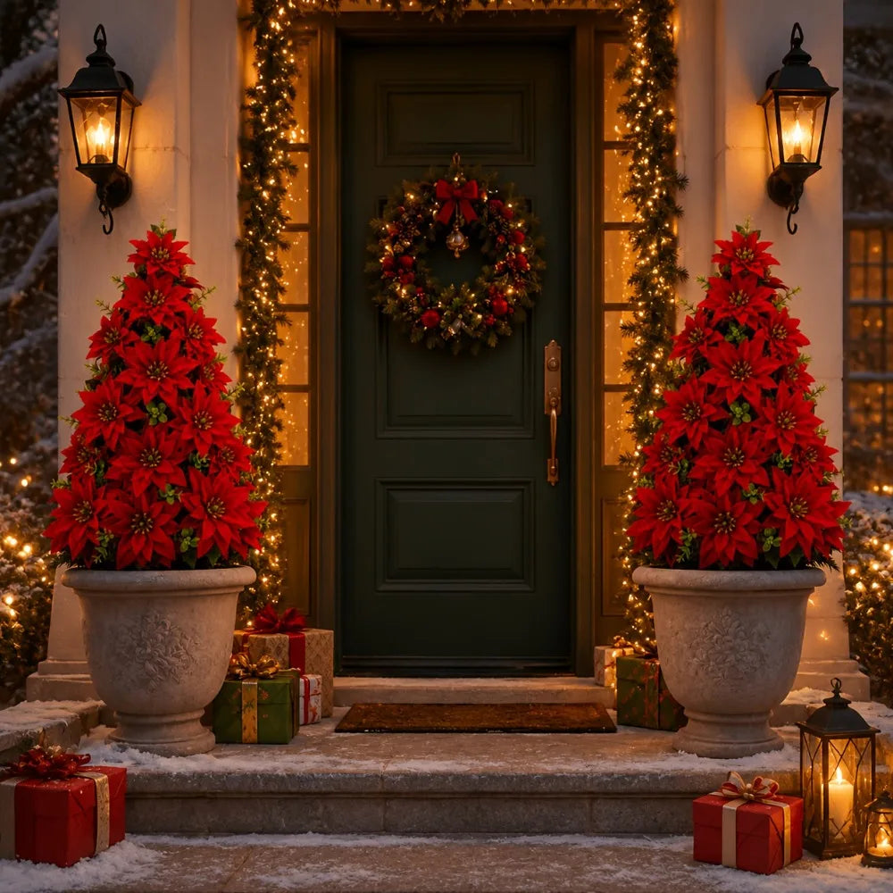 Árvore de Natal artificial com poinsettias e estaca para fixar no chão, ideal para vasos de jardim, canteiros de flores, degraus de entrada