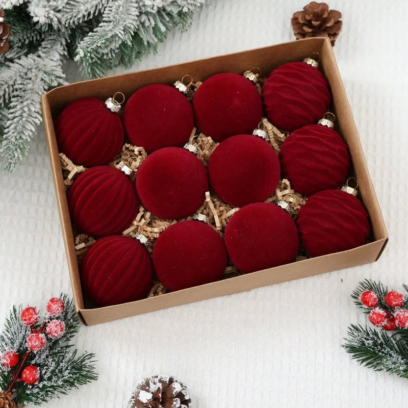 12 peças de enfeites de Natal em veludo para pendurar na árvore, decorações de Natal, bolas de Natal em tom bordô, decoração natalina.