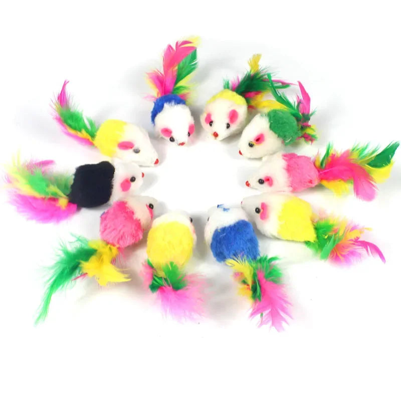 5 ou 10 Peças Brinquedos de Pelúcia para Gatos, Rato Falso de Pelo de Coelho, Rato de Pena Arco-Íris, Brinquedos Divertidos para Gatinhos de Interior, Novo