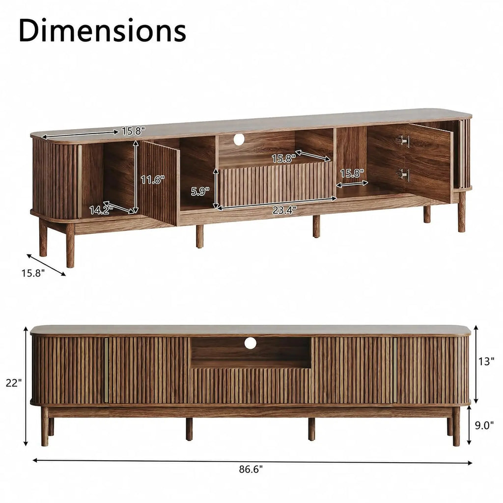 Suporte de TV com design canelado de 86,6'' para TVs de 75/80/85 polegadas, console de TV em nogueira, sob medida