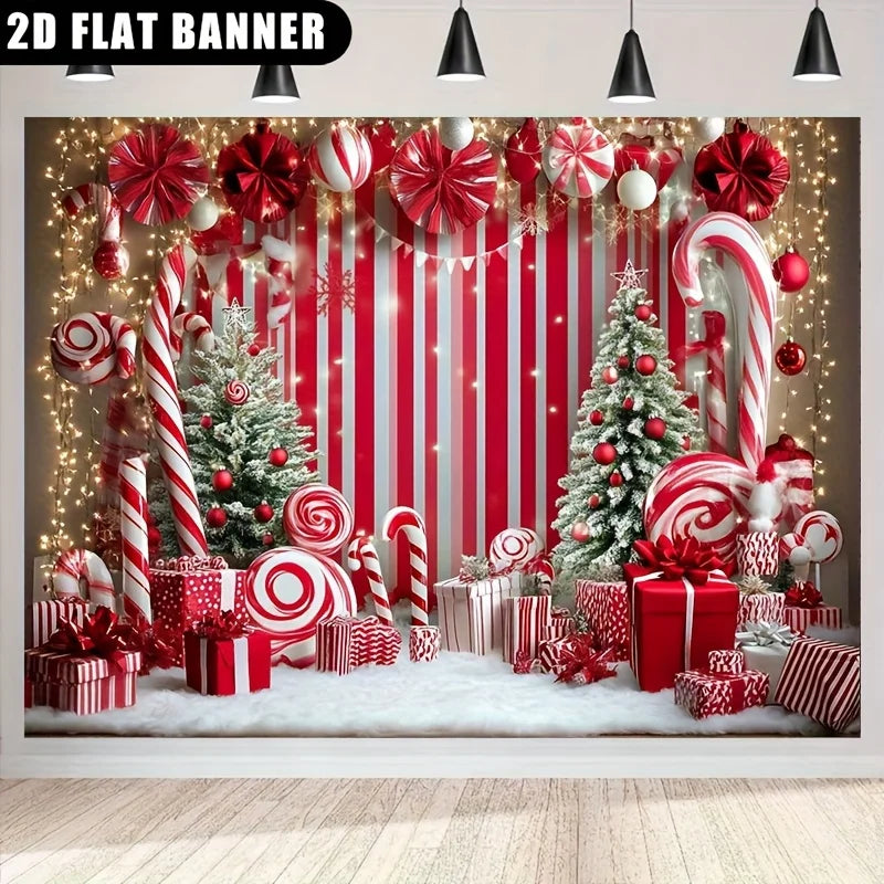 Fundo natalino, com elementos como bengalas de doces e casas de gengibre, decorações de festa e decorações de Natal.
