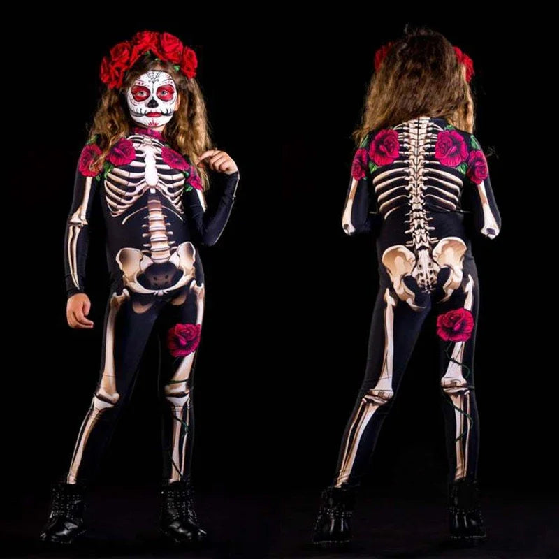 2025 meninas rosa esqueleto crianças assustador traje halloween cosplay fantasma noiva macacão carnaval festa crianças macacão roupas