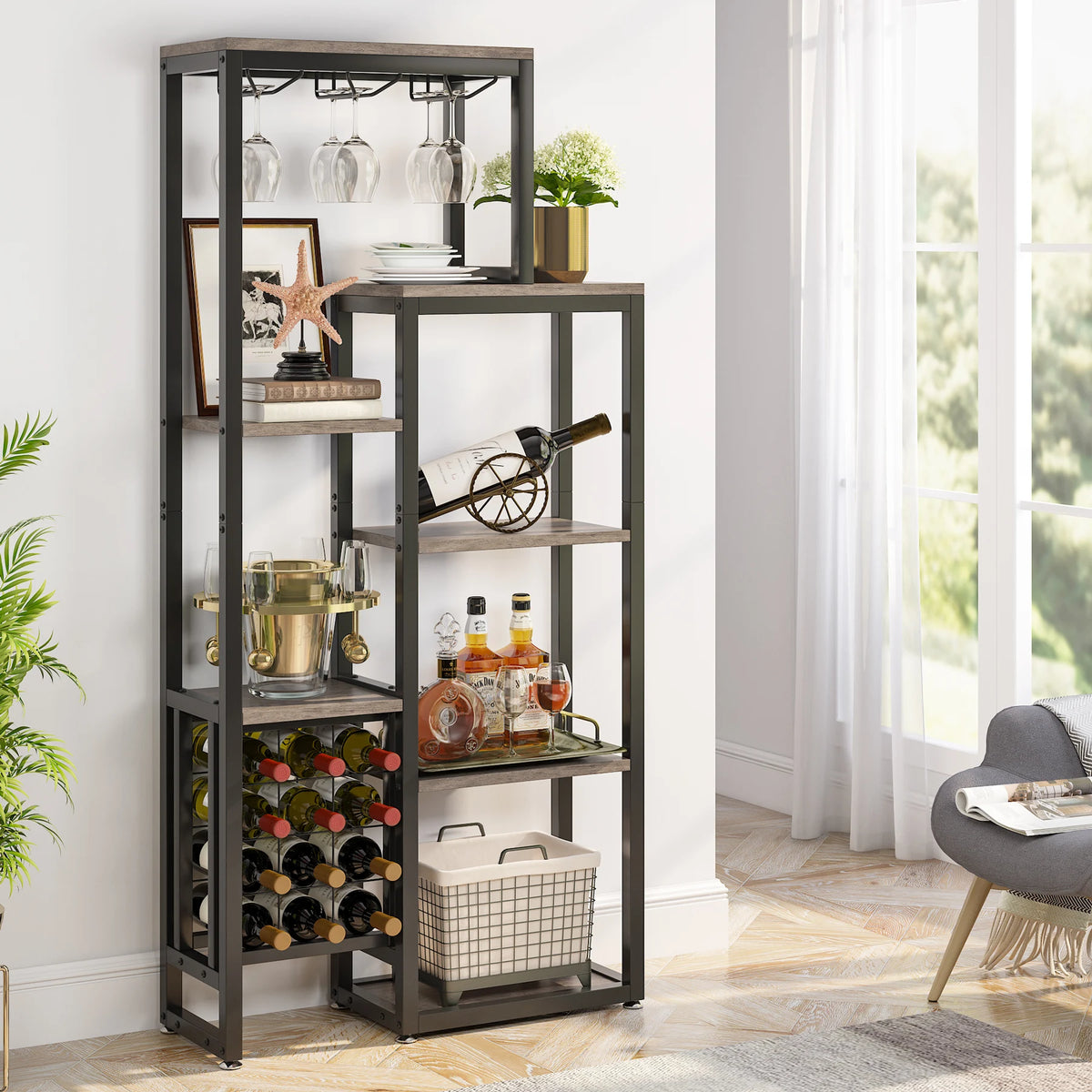Cremalheira autônoma do vinho do assoalho das tribos com suporte de vidro e armazenamento do vinho, prateleira de exposição industrial do vinho, padeiro Rack, 5-Tier