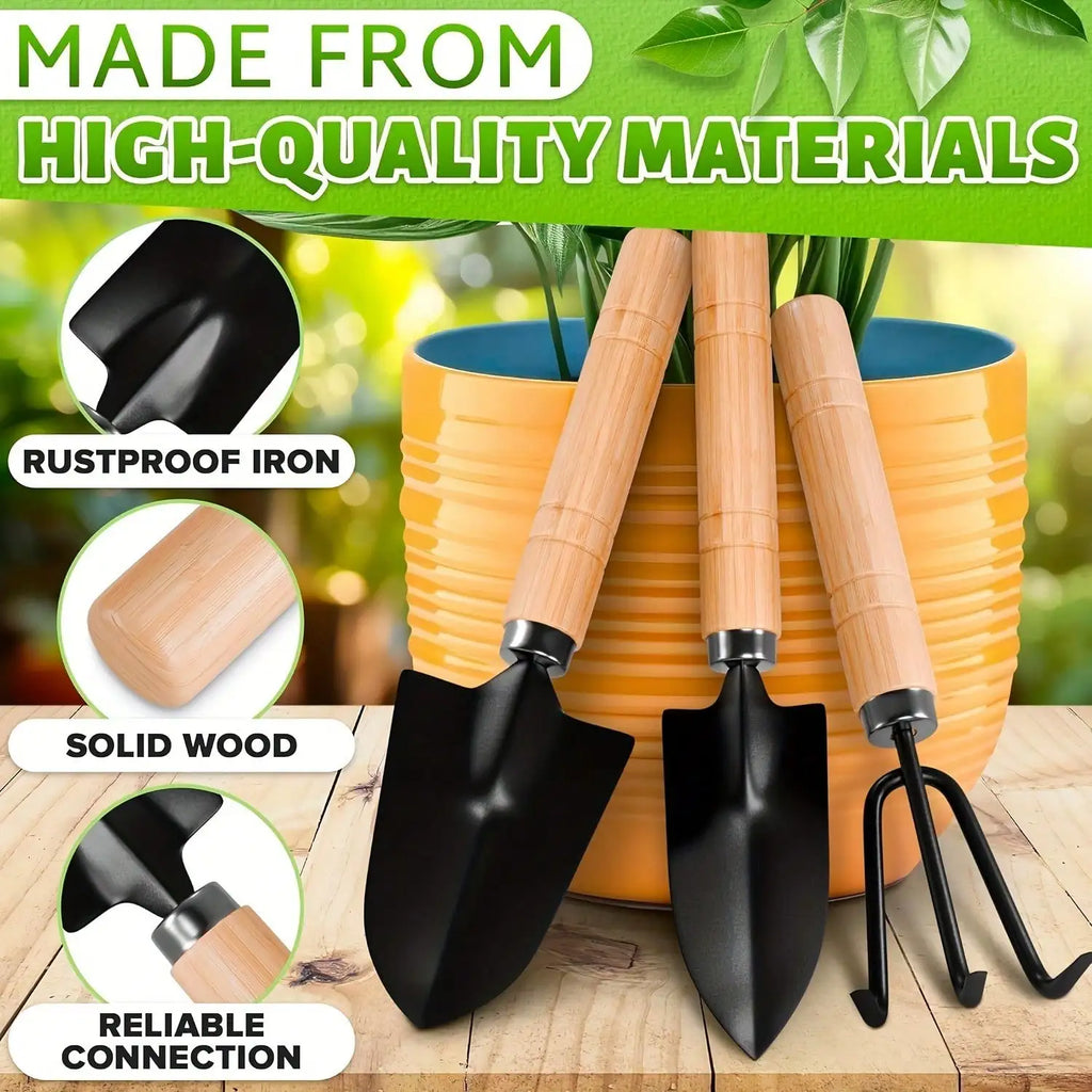 Conjunto de Ferramentas de Jardinagem Mini Portátil 3 Peças/1 Conjunto com Cabos, Pá e Rastelo para Jardinagem Interna e Plantio de Flores
