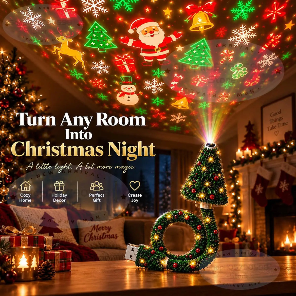 Luz de Natal com Projetor, Luz Noturna de Natal Alimentada por USB com Mais de 6 Padrões Festivos, Luminária de Árvore Flexível para Decoração de Festas