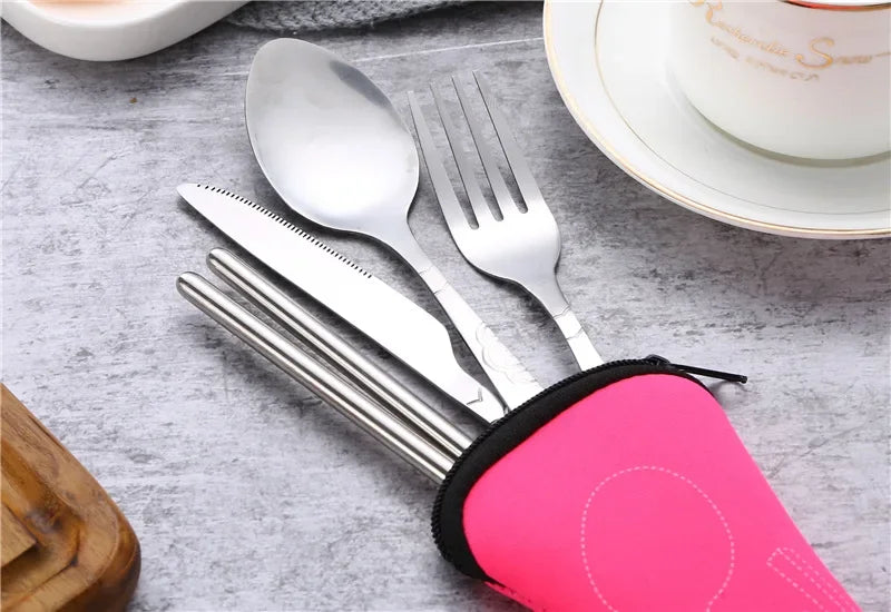 7 pçs/set conjunto de talheres de aço inoxidável ao ar livre portátil saco pano faca garfo colher pauzinhos palha flores ricas sete conjuntos