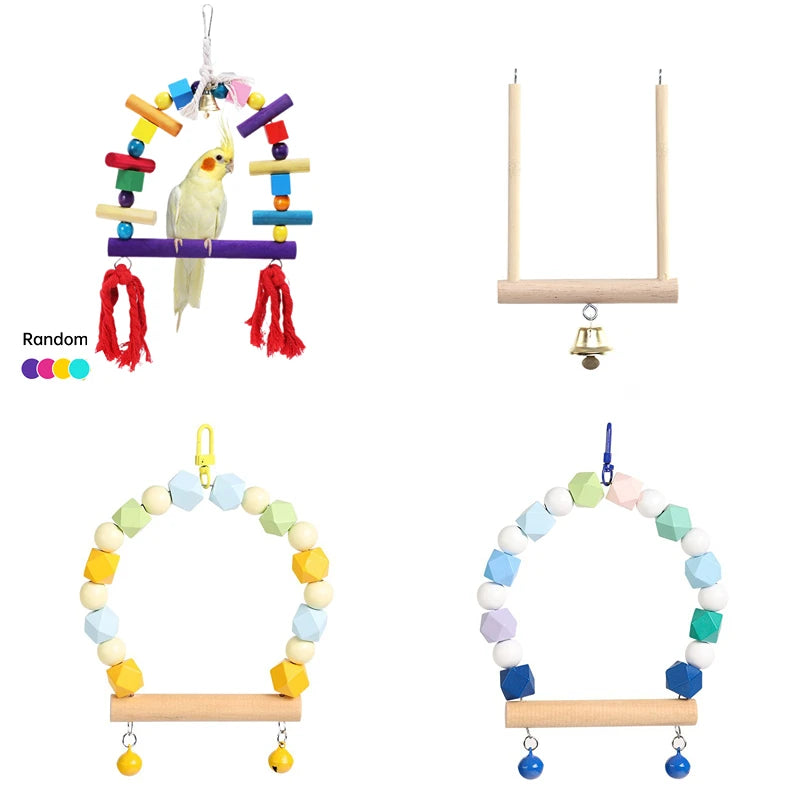 Brinquedos de balanço para pássaros de estimação, suporte de balanço de madeira para papagaio, suprimentos para animais de estimação, balanço colorido aleatório