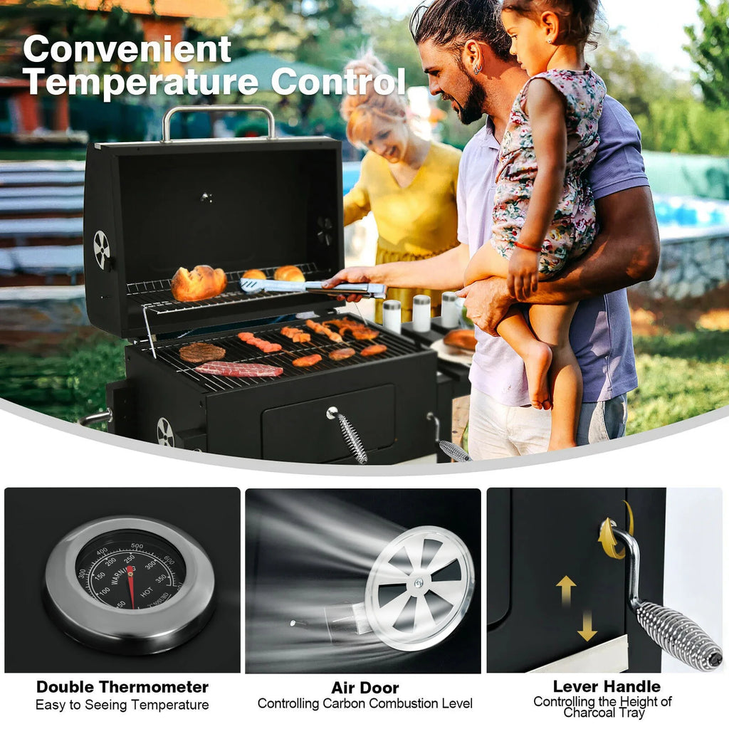 Grelha a carvão para churrasco portátil ao ar livre, churrasqueira de jardim com tampa, mesa dobrável, prateleira inferior e termômetro
