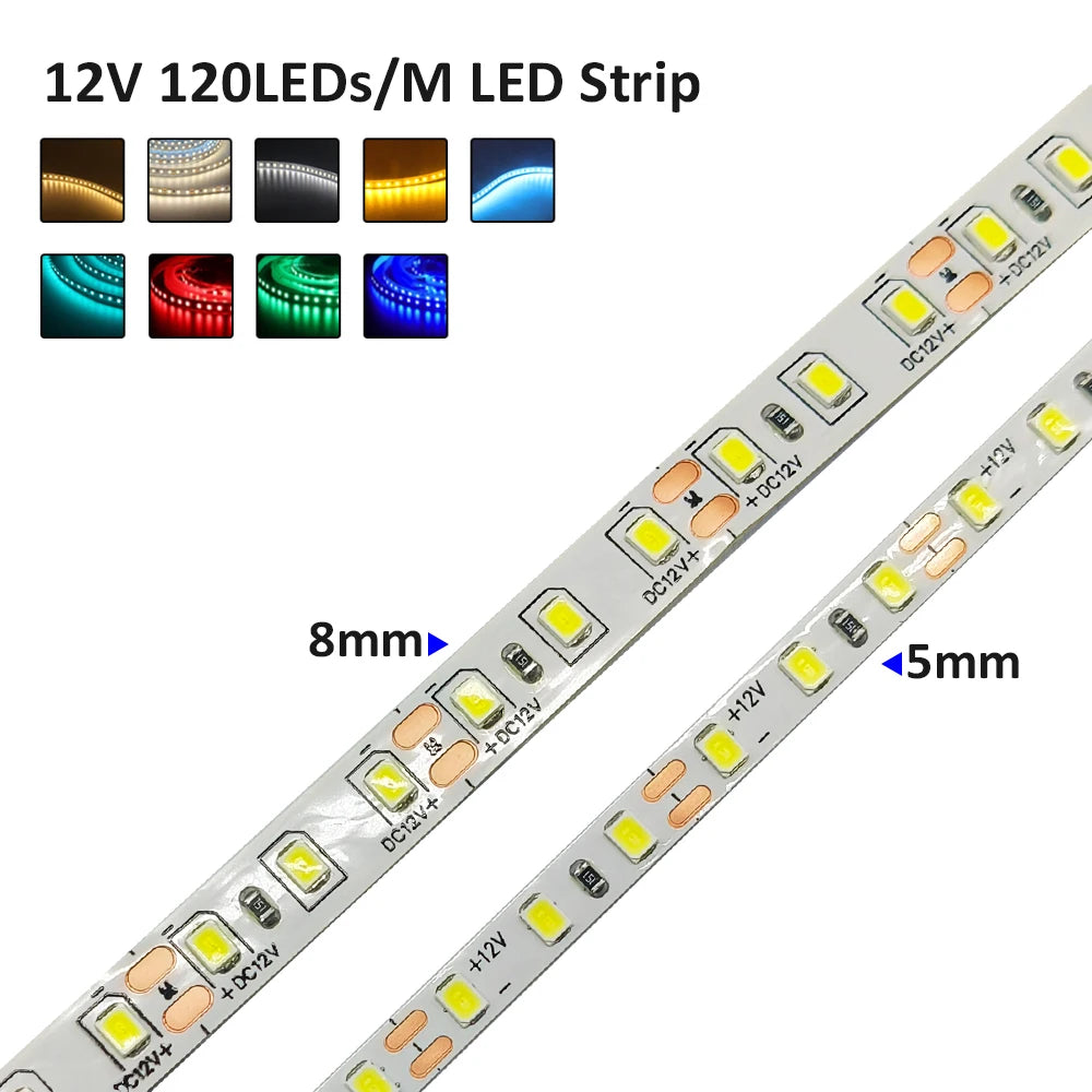 Fita de LED 12V 5m SMD 2835 5mm 8mm, Fita Flexível para Iluminação Decorativa Interna