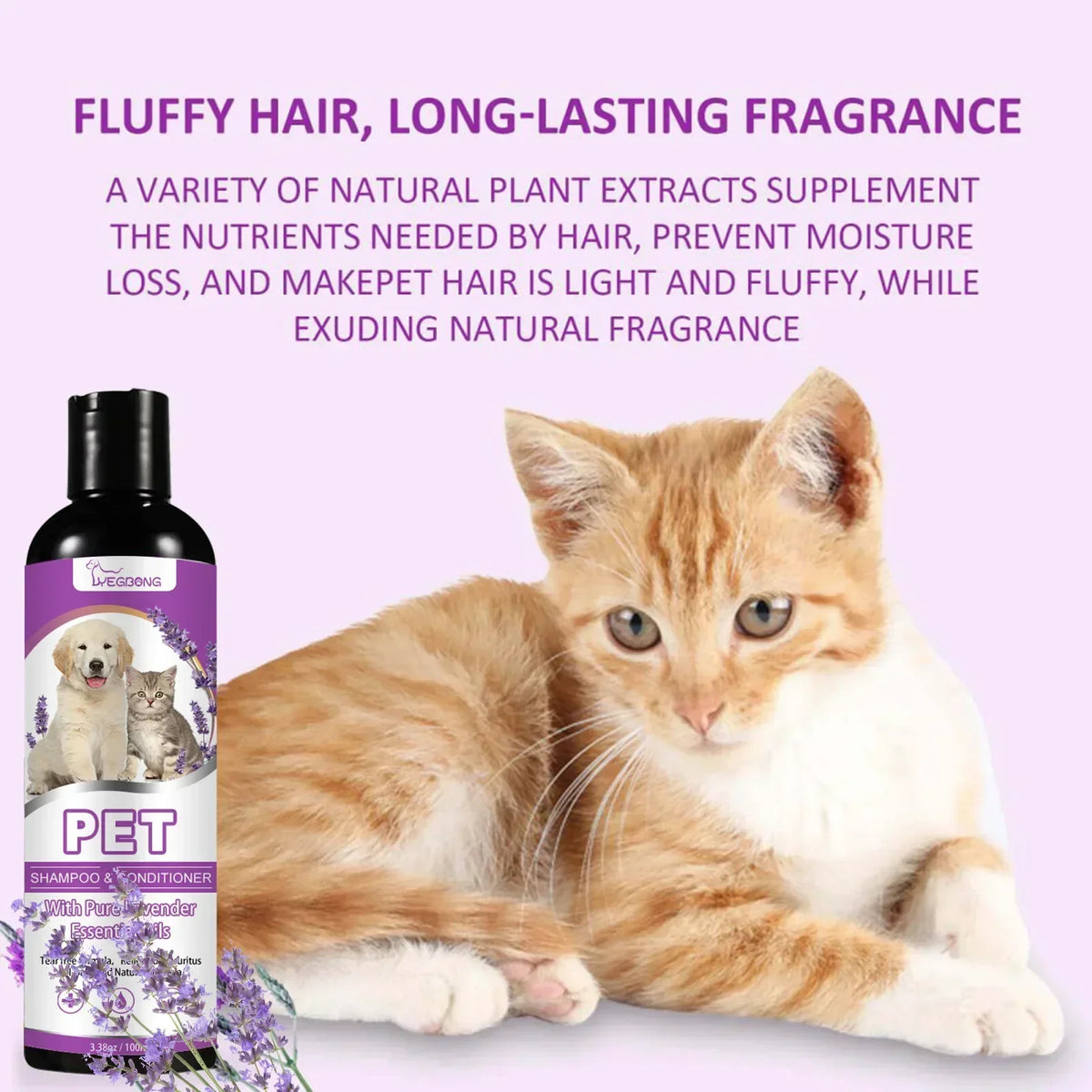 Shampoo e Condicionador para Animais de Estimação com Óleos Essenciais Puros de Lavanda, Fórmula Sem Lágrimas para Cães e Gatos, pH Balanceado, Cuidado Suave 100ml