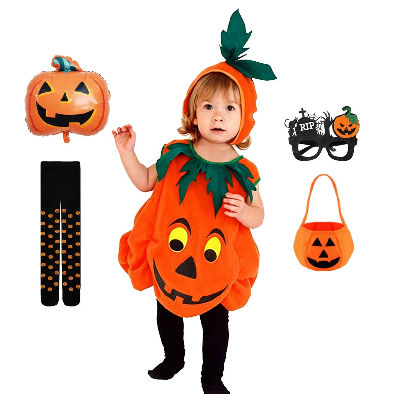 Macacão Infantil 2026 para Meninas e Meninos, Fantasia de Abóbora de Halloween com Chapéu, Cosplay para Apresentação em Palco, Fantasia para Festa de Natal